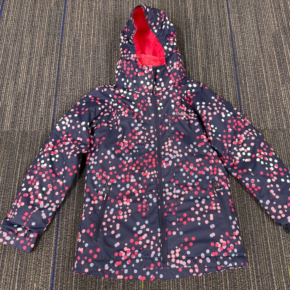 Columbia Interchange Jacket Girls M 10/12 Navy Pink Polka Dot Excellent Hooded